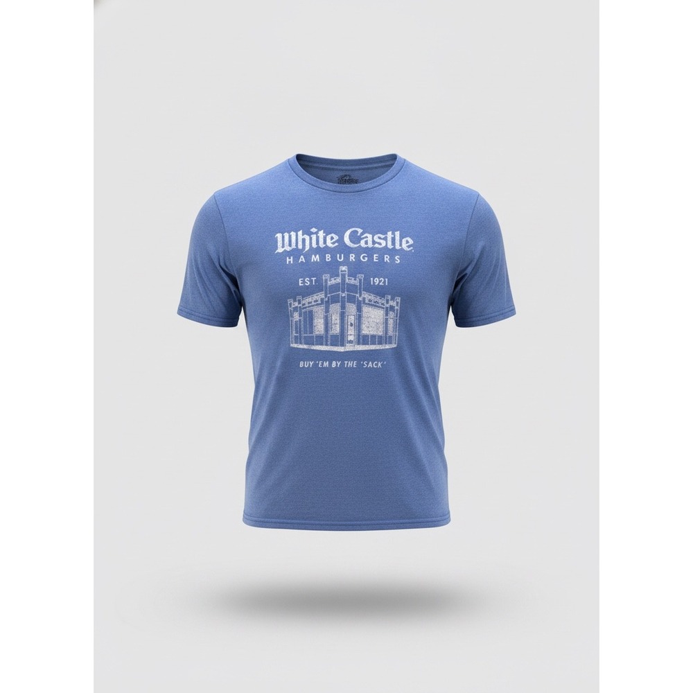 White Castle Hamburgers Mens XL Blue Graphic T-Shirt Buy Em By The Sack Vintage